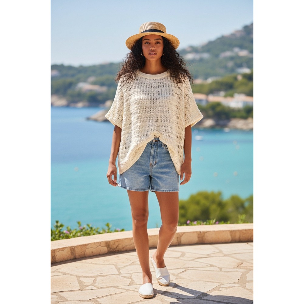 FRNCH Paris Cream Crochet Knit Oversized Short Sleeve Sweater Top M 100% Cotton